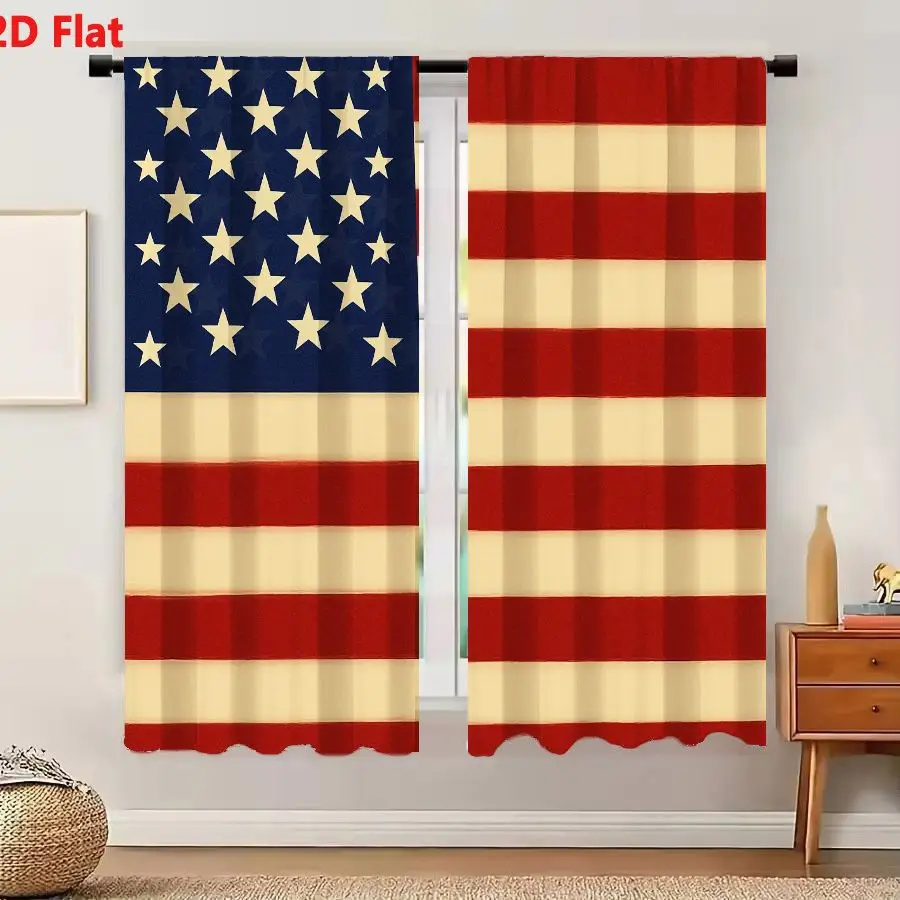 2Pcs Curtains 2D Flat United States Flag Stylized Representation With White Stars On Blue Canton And Alternating Red White Strip