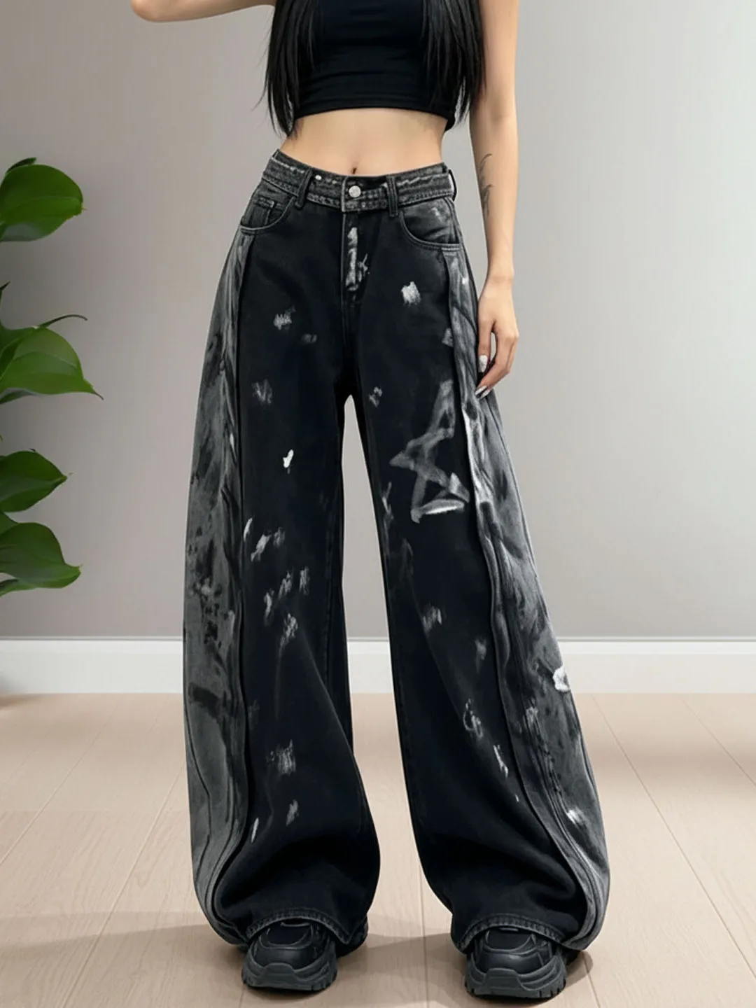 Retro American Star Print Distressed Denim Pants High Waist Loose Men's Casual Wide Leg Knife Long Trousers Trendy