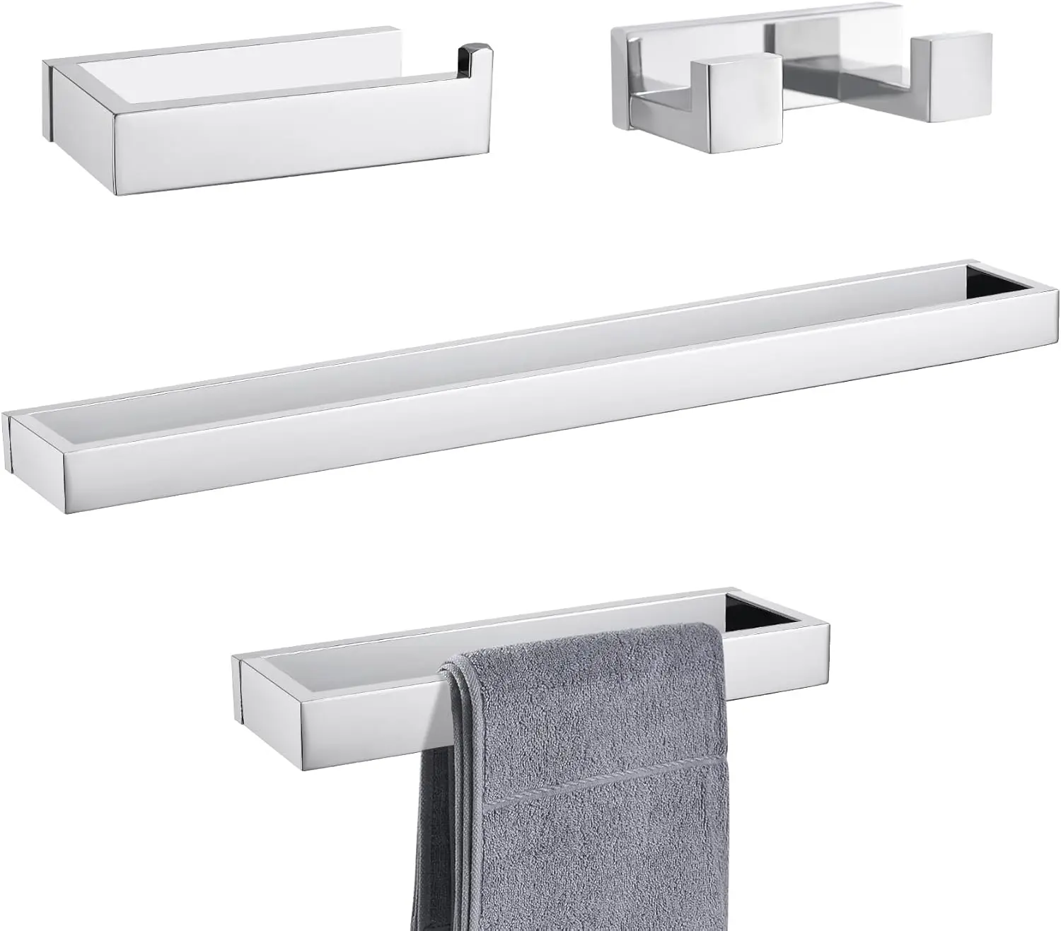 

Polished Chrome 4-Piece Bathroom Hardware Set with Towel Bar, Holder, Paper Holder, and Hook - Stainless Steel