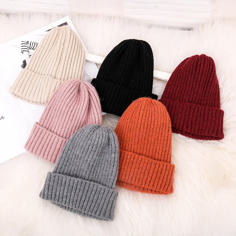 New Winter Solid Color Wool Knit Beanie Women Fashion Casual Hat Warm Female Soft Thicken Hedging Cap Slouchy Bonnet Ski