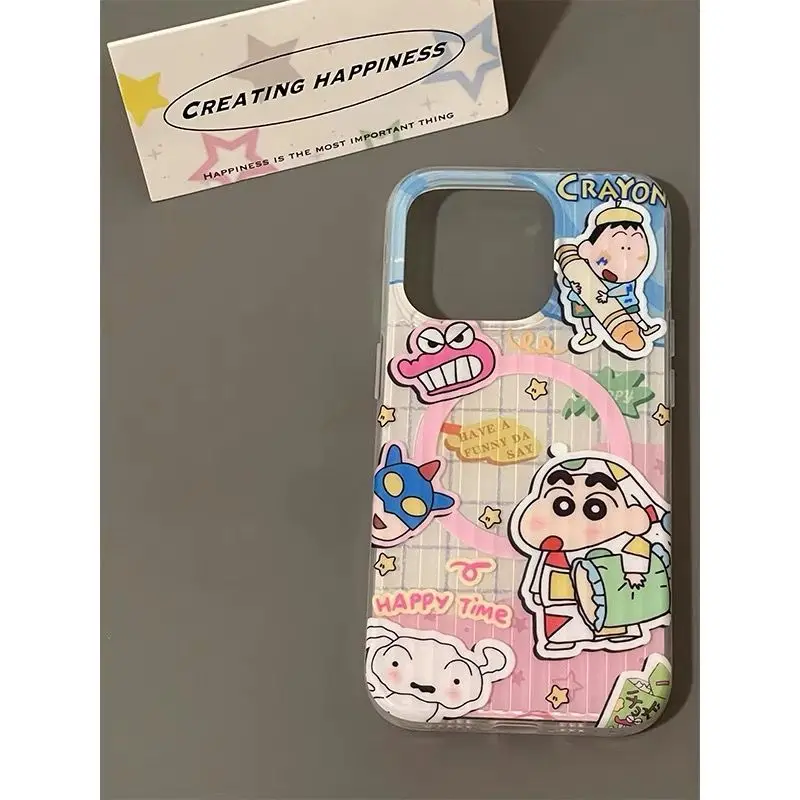 Kawaii аниме Crayon Shin Chan Магнитный держатель Magsafe Чехол для телефона для iPhone 16, 15, 14, 13 Pro Max Жесткий чехол с магнитным кронштейном