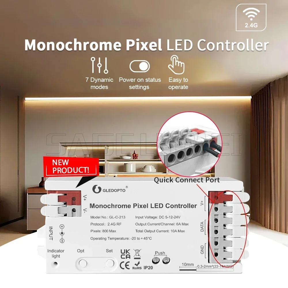 GLEDOPTOMonochrome Pixel LED Controller  2.4GRF Remote Control 800 IC 10A Max Quick Connect 7 Dynamic Modes IP20 Indoor Use​