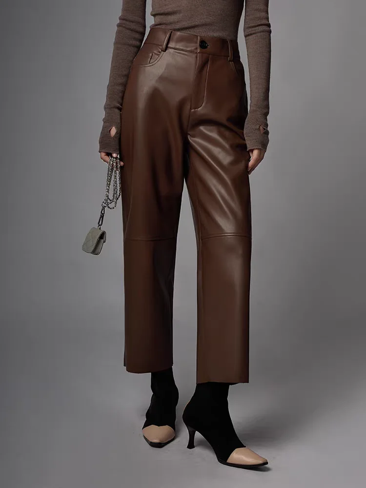 

Женские кожаные брюки с высокой талией, эластичными вставками, укороченные, из натуральной овчины, прямого кроя, для осени и зимы, утягивающие, маленькие размеры, повседневные