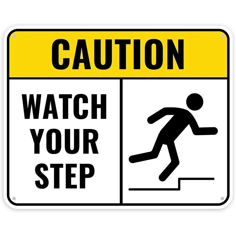 2D Metal Sign, 8x12 Inch Heavy Duty Caution Watch Your Step Metal Sign with Warning Symbol & Fall Hazard Icon, Anti-Rust Outd