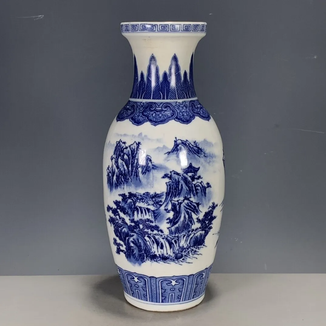 Chinese Porcelain Blue and White Landscape Vase Home Desktop Decor 9.25 Inch
