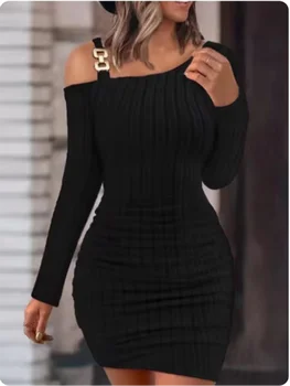 Image Metal Chain Solid Color Slim Dresses Women's Long Sleeved Sloping Collar Off Shoulder Dress Sexy Elegant Autumn Dress