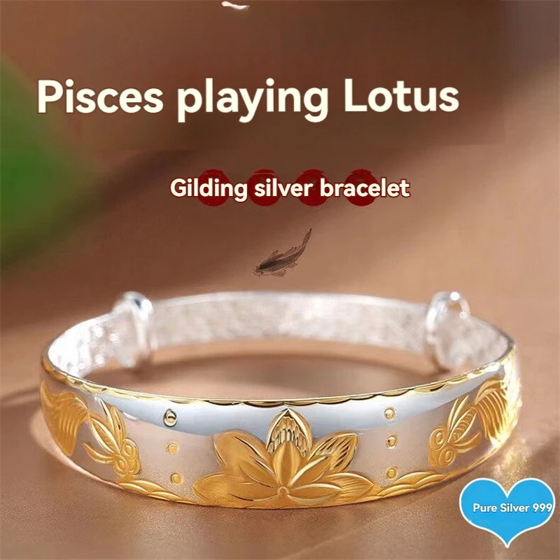 سوار من الفضة الإسترليني S999 عالي الجودة ، سوار كلاسيكي لوتس الحوت الذهبي للسيدات ، هدية للأم والزوجة ومجوهرات الجدة #1