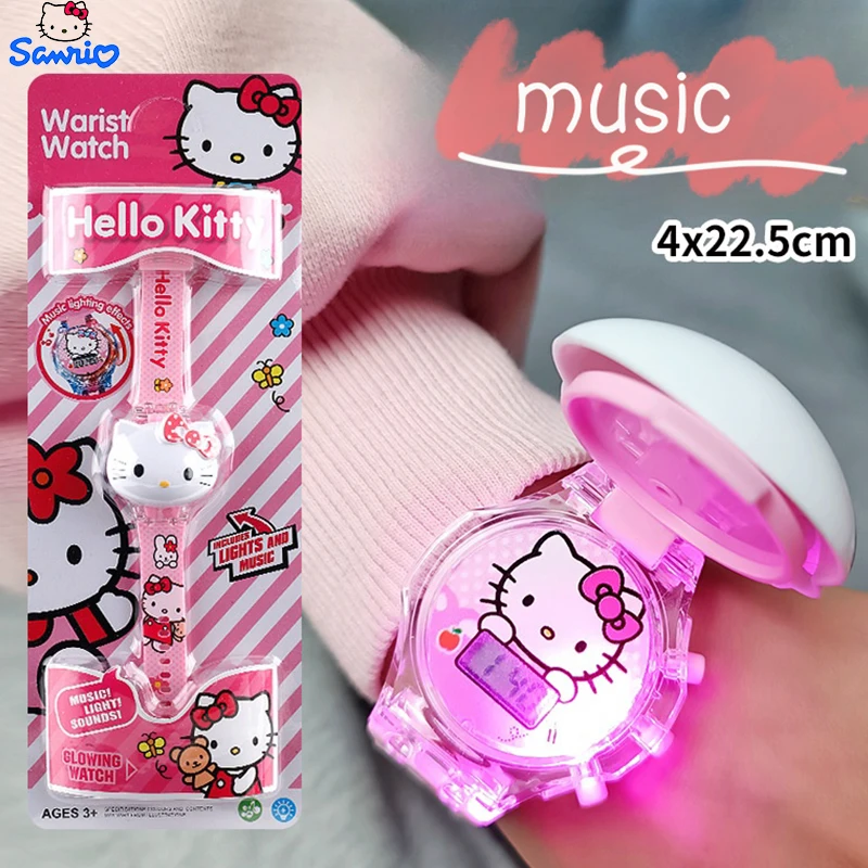 Часы Sanrio Cinnamoro Hello Kitty водонепроницаемые музыкальные детские наручные часы Kuromi Мультяшные светодиодные светящиеся кварцевые часы