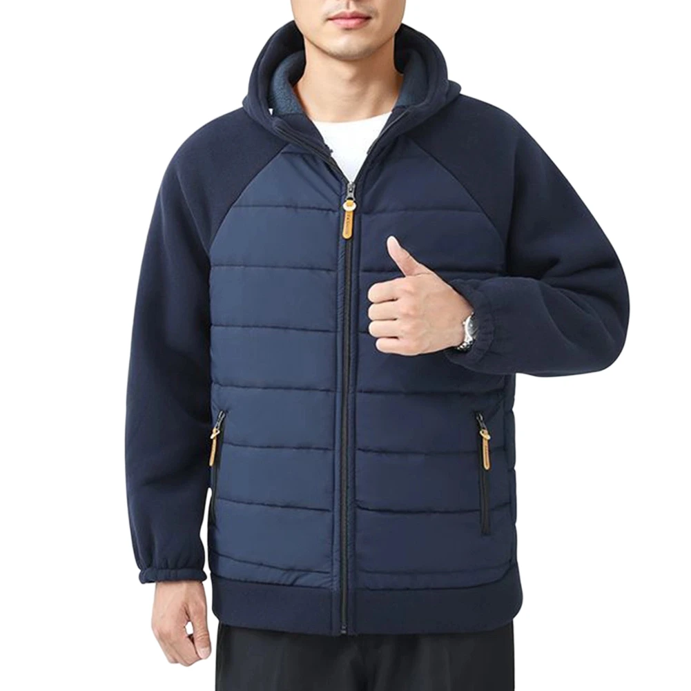 Winter Splicing Parka Men Fleece Jacket Black Men Fleece Splicing Hooded Polyester Material Long Sleeve Design