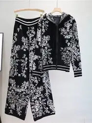 Autumn Knitted Print Sets Women Hooded Long Sleeve Sweater Coat + Wide Leg Long Pants Fashion Retro Sweater Two Pieces Suits