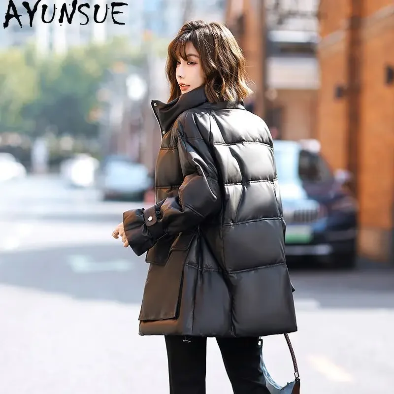 AYUNSUE-Chaqueta de piel de oveja auténtica Para mujer, abrigo holgado con cuello levantado, moda de invierno