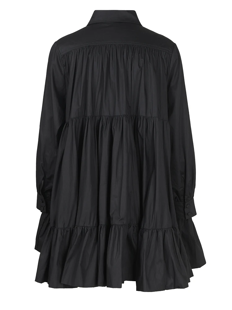 [EAM] Women Black Pleated Elegant Mini Shirt Dress New Lapel Long Sleeve Loose Fit Fashion Tide Spring Autumn 2024 1DE365901