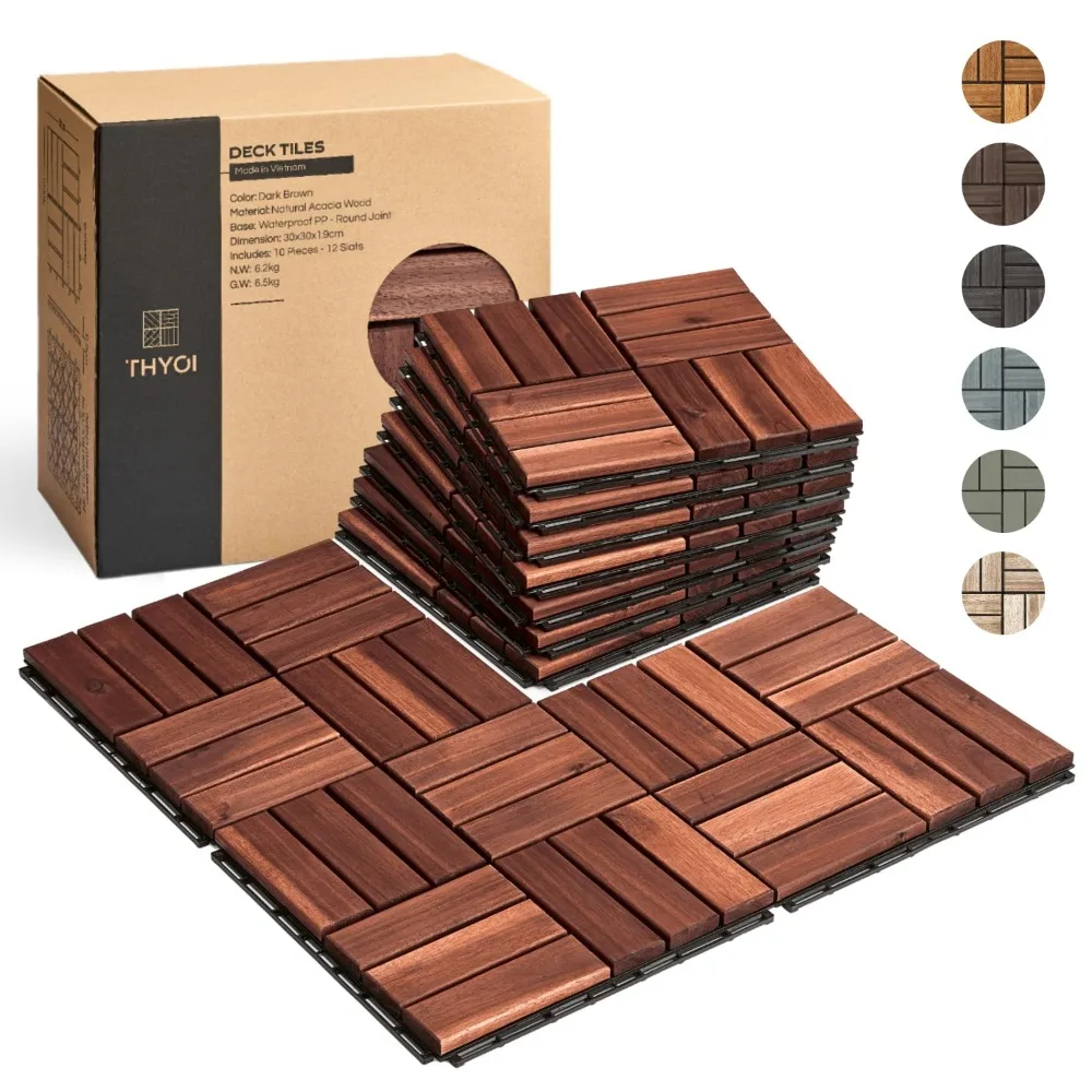

Deck Tiles, Patio Flooring - Outdoor Waterproof Acacia Wood Tiles for All Weather Use - Balcony, Backyard, Indoor & Outdoor (Dar