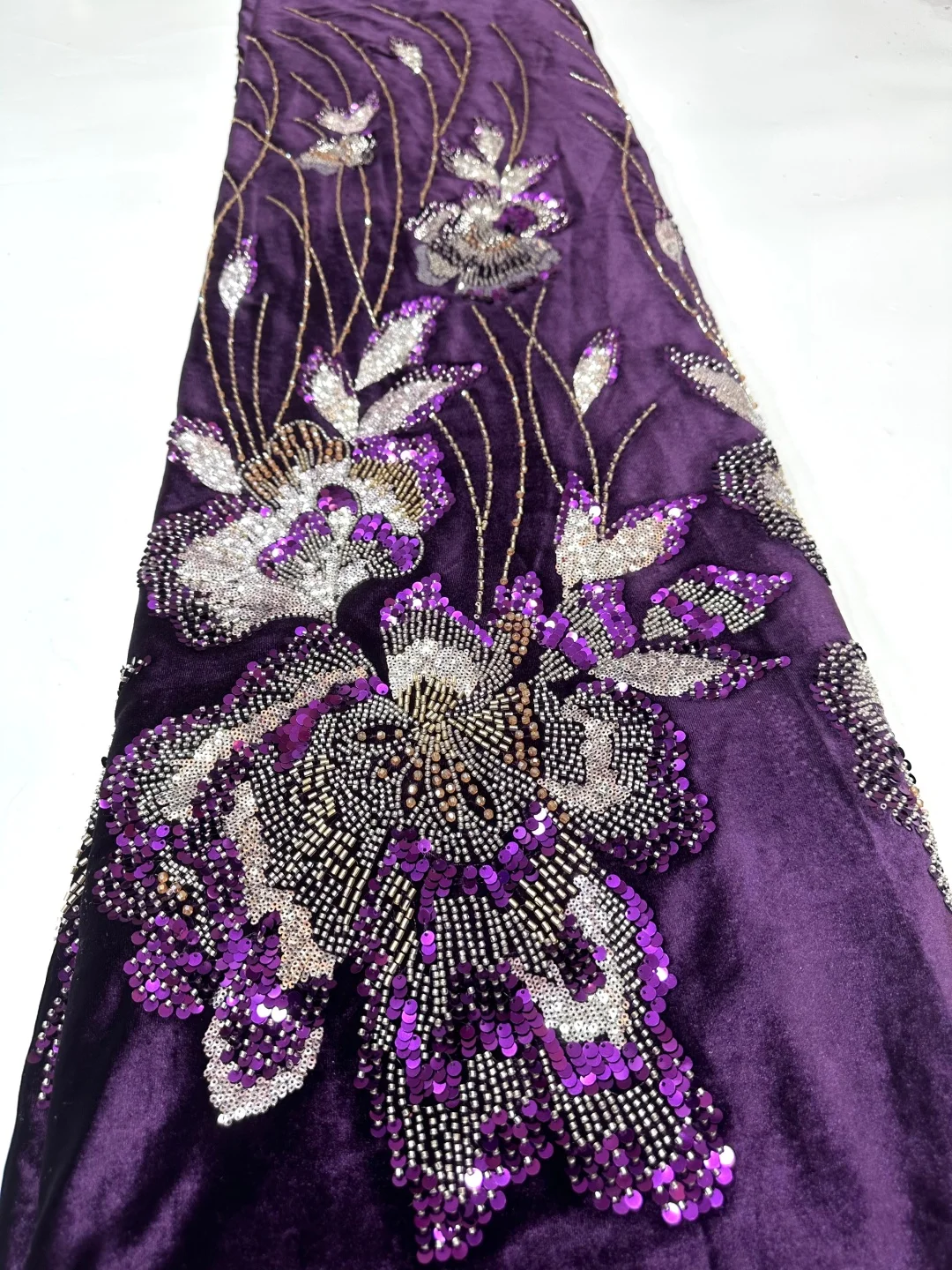 ​High-End Burgundy Beaded Sequin Fabric, Elegant Floral Leaf Embroidery, Rich Velvet Texture, Premium Handmade Material for Brid
