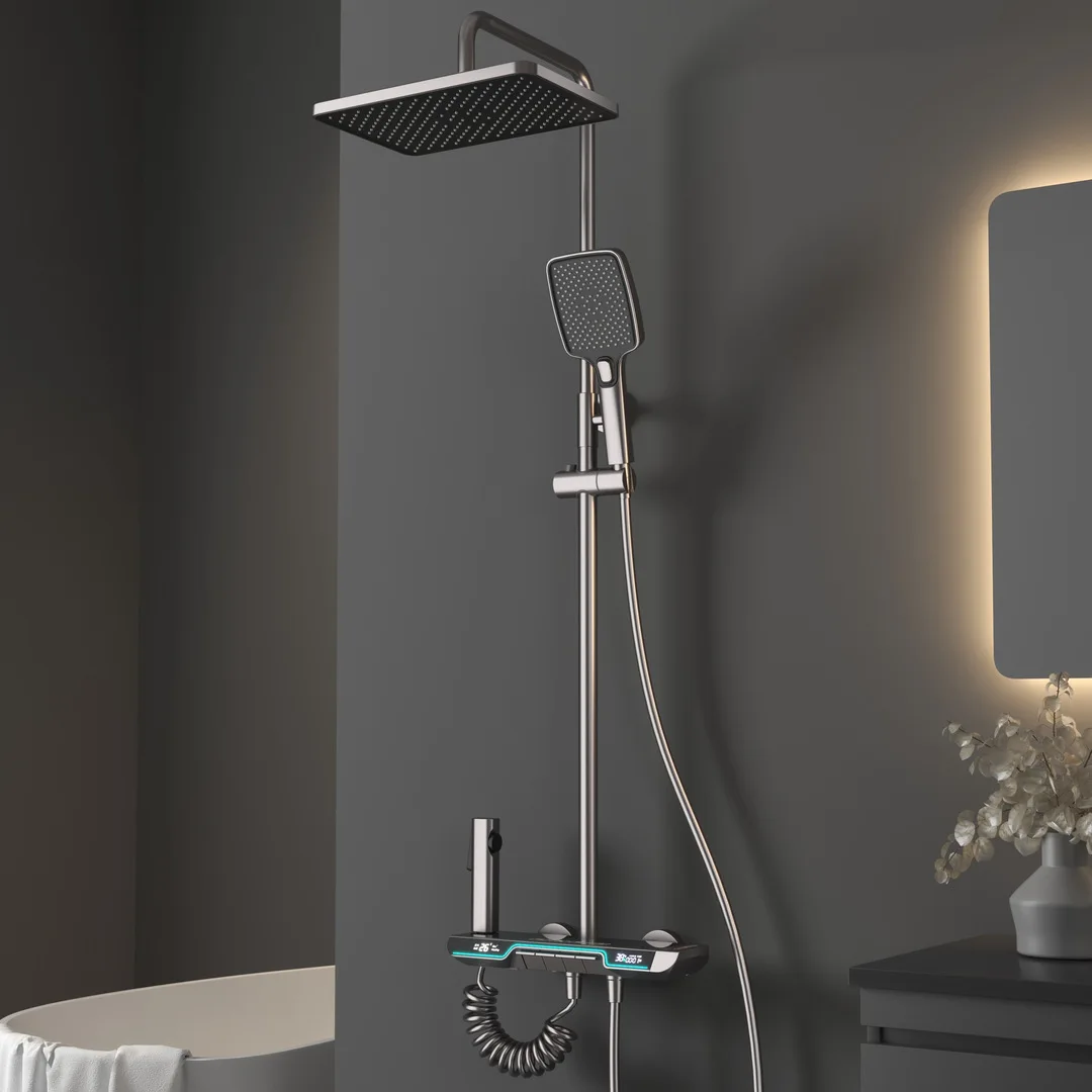 

Роскошный душевой набор с постоянной температурой для ванной комнаты, светодиодный цифровой дисплей, электрическая латунная ванна, хромированная ручка для душа с дождевой ручкой, набор для душа