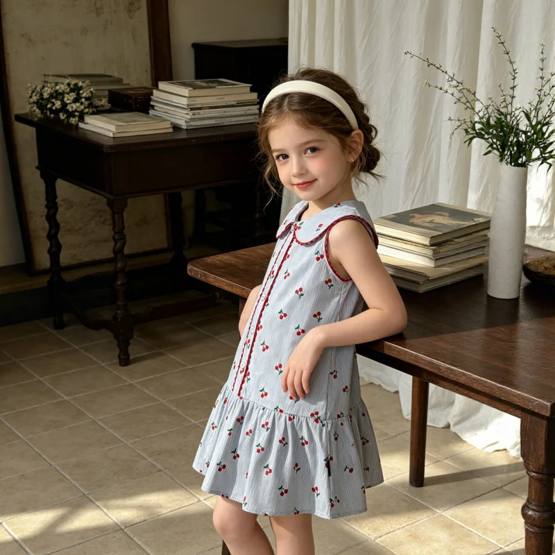 Girls' Summer Dress2026New children's cherry print doll collar sleeveless princess dress, sweet summer dress for babies