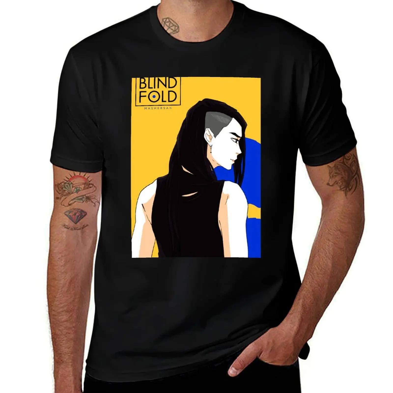Mitsu (Blindfold) on a yellow background with a blue shade by Mashersan T-Shirt Performance Workout Short Sleeve Tee T-Shirt