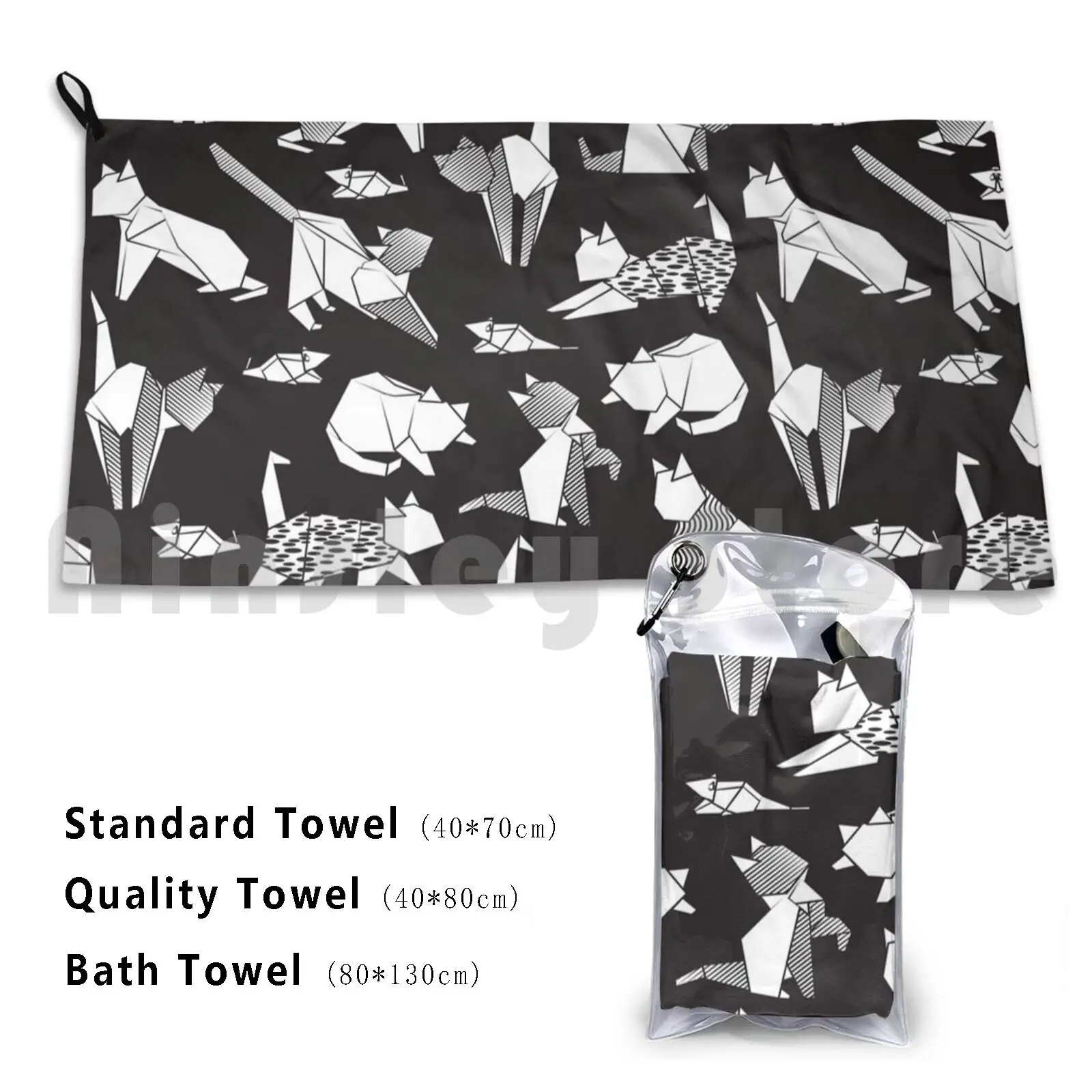 Origami Kitten Friends / / Black Background White Coloring Paper Cats Custom Towel Bath Towel Cat