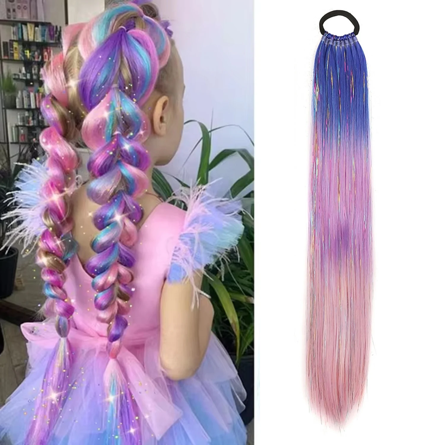 Colorful Hair Extensions Ombre Braid Ponytail Blend Hair Tinsel with Hair Tie Crazy Hair Day Accessories For Women Girls