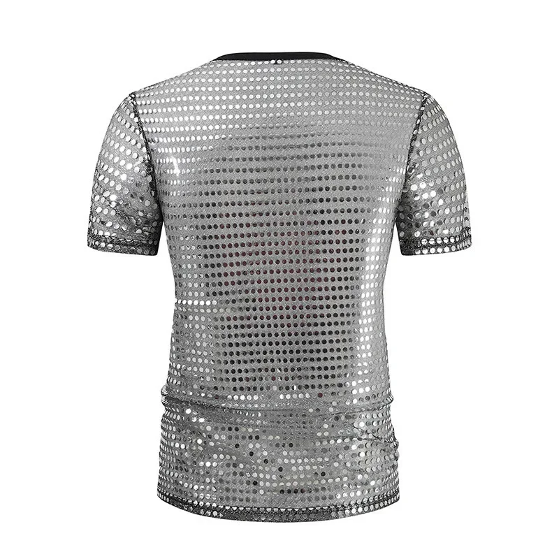 Camiseta de boate masculina, camiseta curta casual com decote em O, camiseta prateada e dourada masculina, roupa de verão, nova, 2022