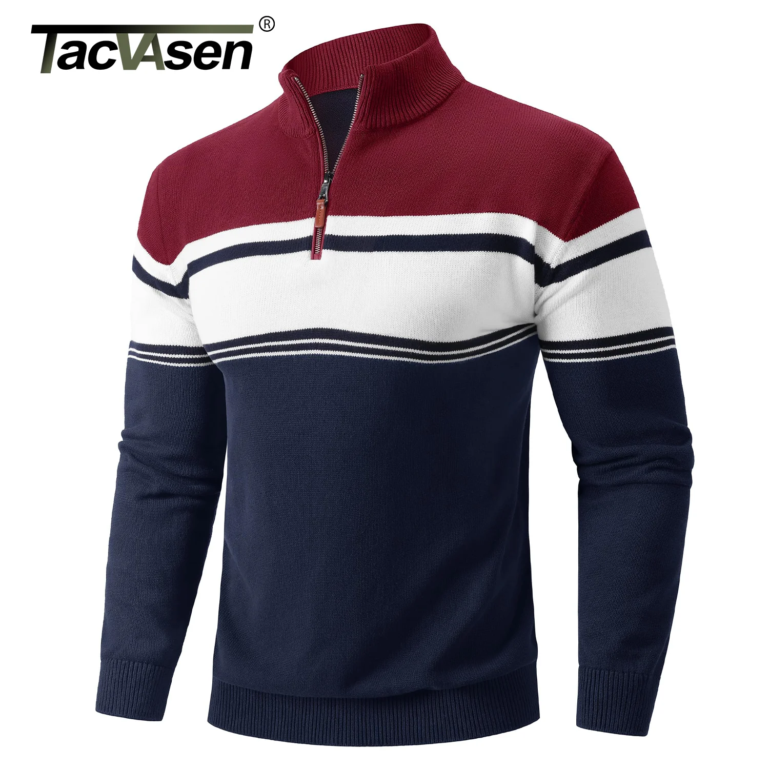 TACVASEN Quality Cotton Knitted Sweater Pullovers Mens Quarter Zip Long Sleeve Sweaters Round Neck Casual Pullover Top Male