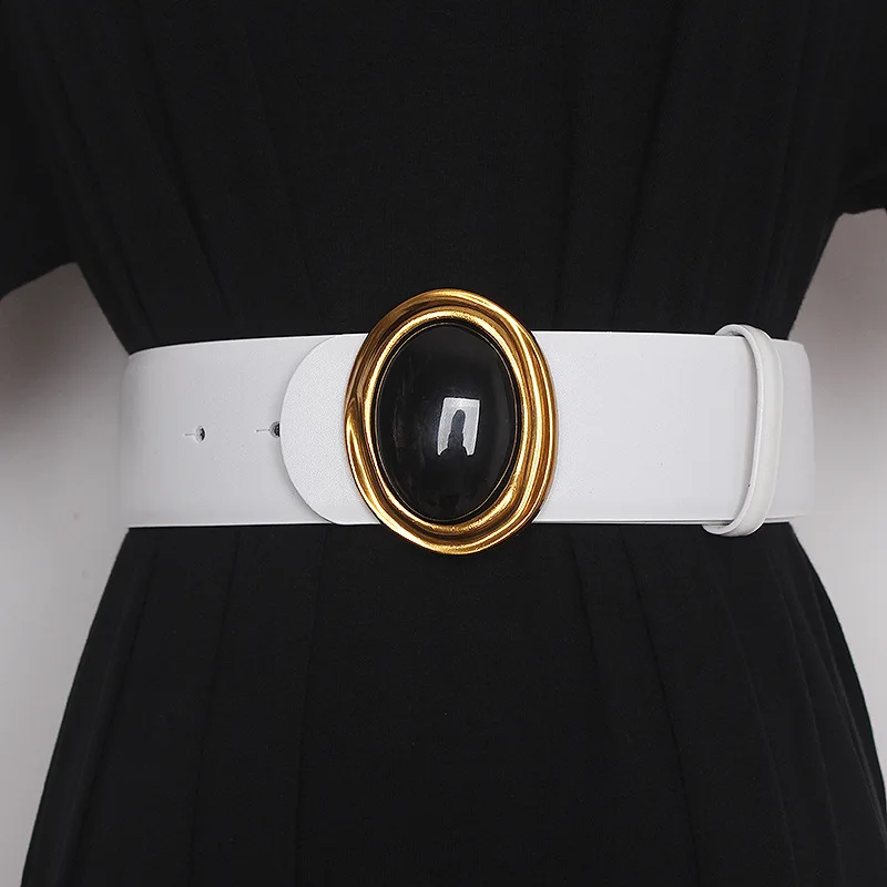 Obsidian Buckle Genuine Leather Belt Women Catwalk Dress Corset Belt High Quality Black Simple Decoration Wide Belt