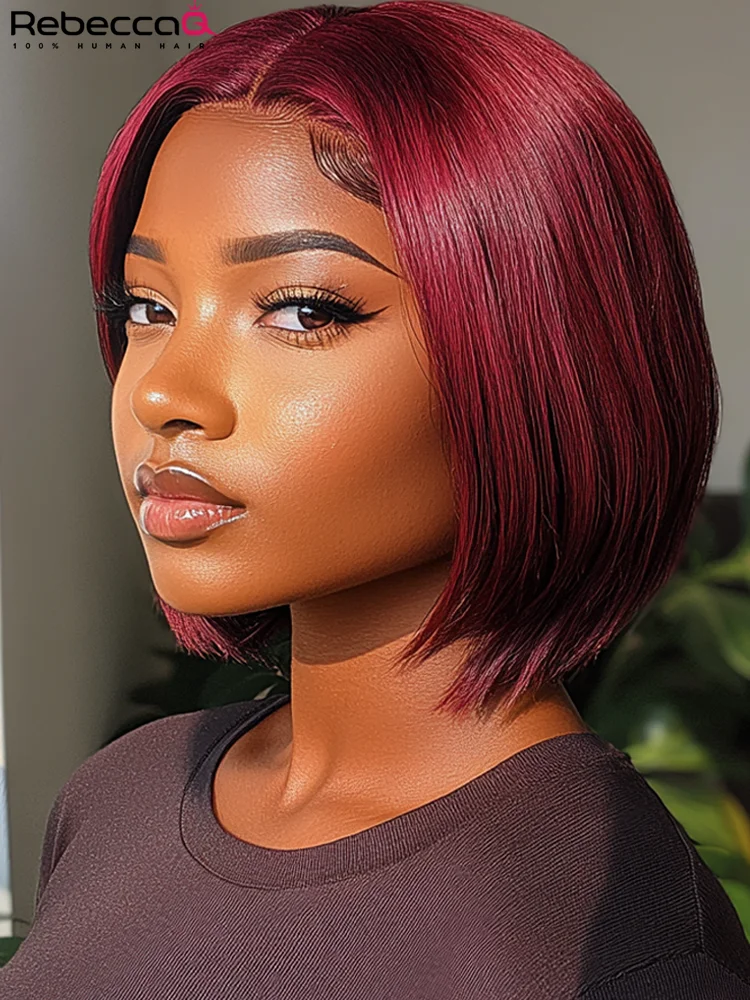 

99J Red Color Straight Hairline Silky Glueless HD Lace Front Short Bob Wig For Women 100% Human Hair C Part Fits All Face Shapes