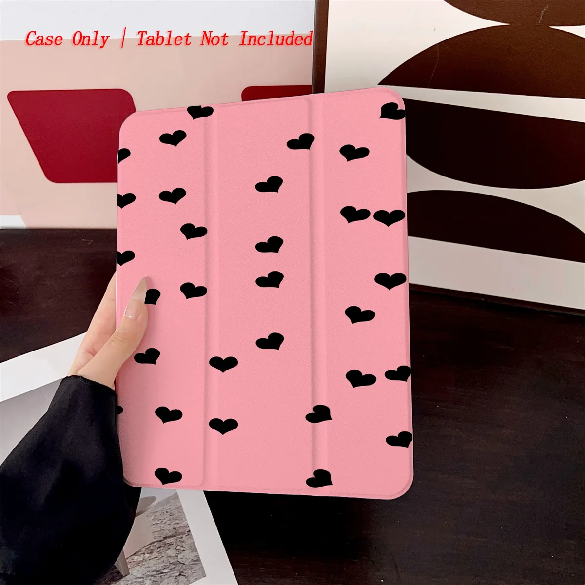 

Pink Background & Black Small Hearts Pattern iPad Case - 360° Rotatable Foldable Cover for Apple iPad Pro/Air/Mini