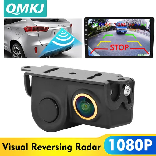 QMKJ HD 1080P lente dorada Radar de coche y cámara de visión trasera Sensor de Radar trasero Detector de alerta temprana cámara de visión trasera de vehículo