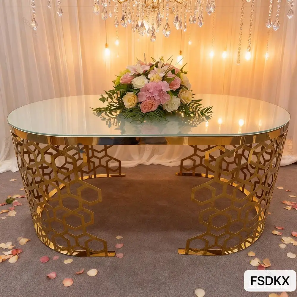 

FSDKX Exquisite Round Tables for Events Wedding Wholesale Gold Stainless Steel Metal Base Dining Furniture