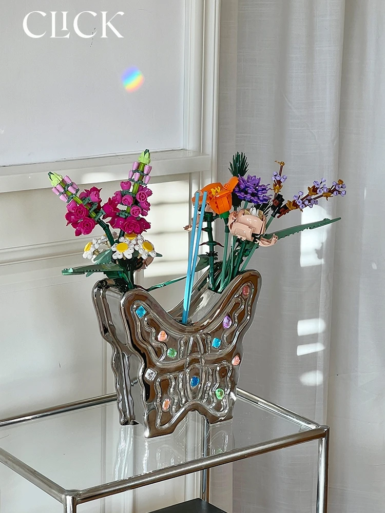 

Butterfly flower arrangement vase home decoration girls gift, electroplated silver aromatherapy diffuser container