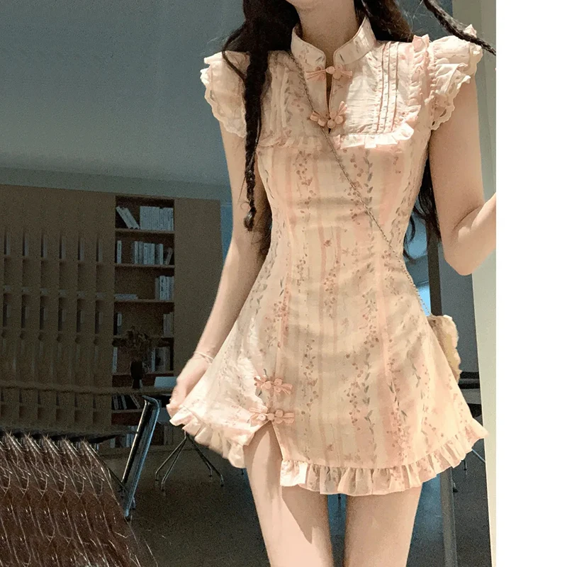 Mini abito con stampa floreale giapponese Donna Y2K Abito elegante anni 2000 Abbigliamento Vintage Chic senza maniche A Line Abiti Nuovo
