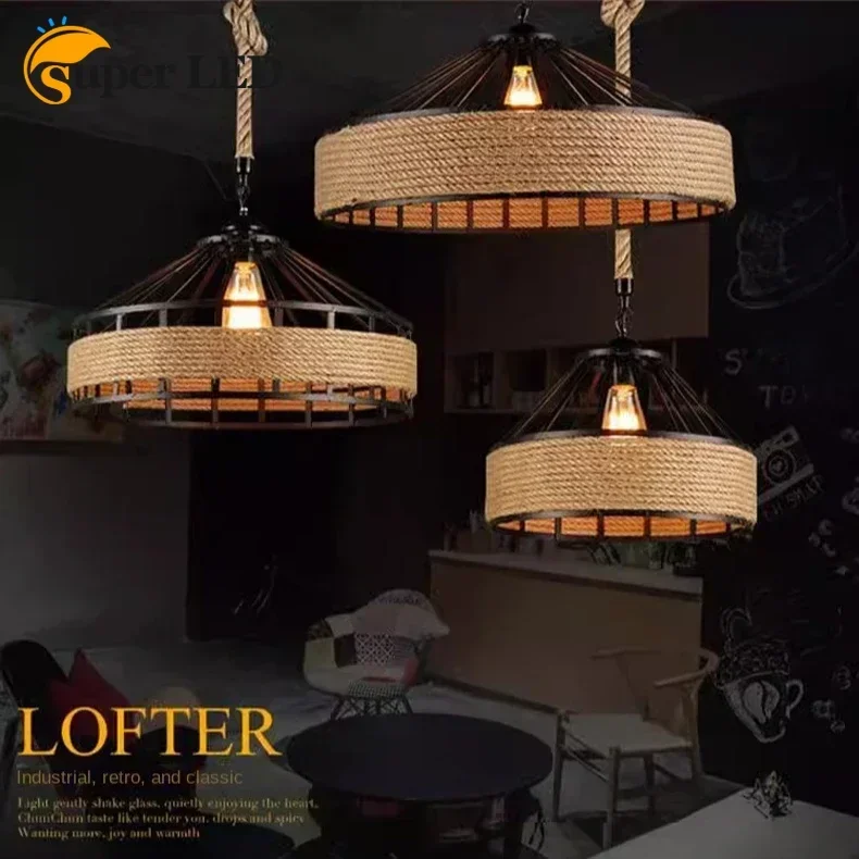 Vintage chanvre corde fer lustre rétro lampes suspendues tissé à la main ficelle Cage abat-jour pour cuisine salle à manger E27 luminaires