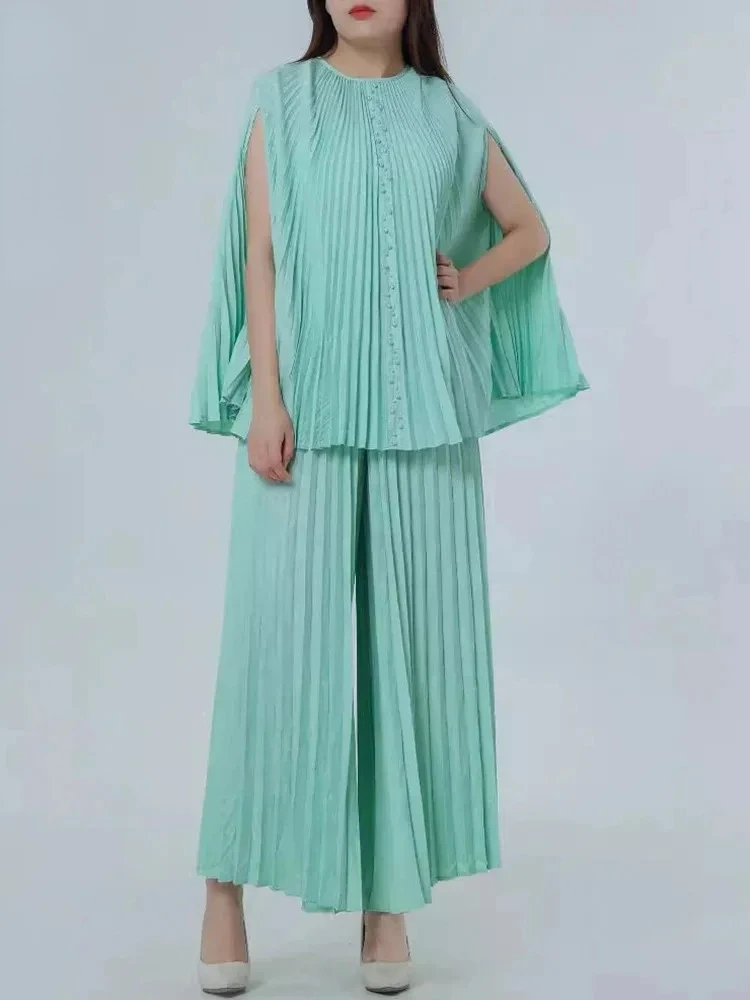 ANLAN Elegant Pleated 2 Pieces Set Rivet Sleeveless Top + Wide Leg Pants Loose Solid Women's Clothing 2024 Summer New 5G9216