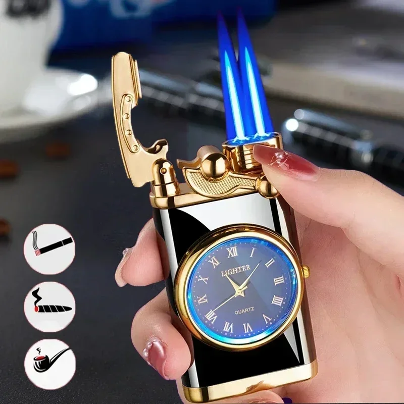 Windproof Gas Lighter Wrist Watch Cigar Lighter Outdoors Jet Double Fire Tube Lighters Gadgets for Men Cigarette Accessories view 2