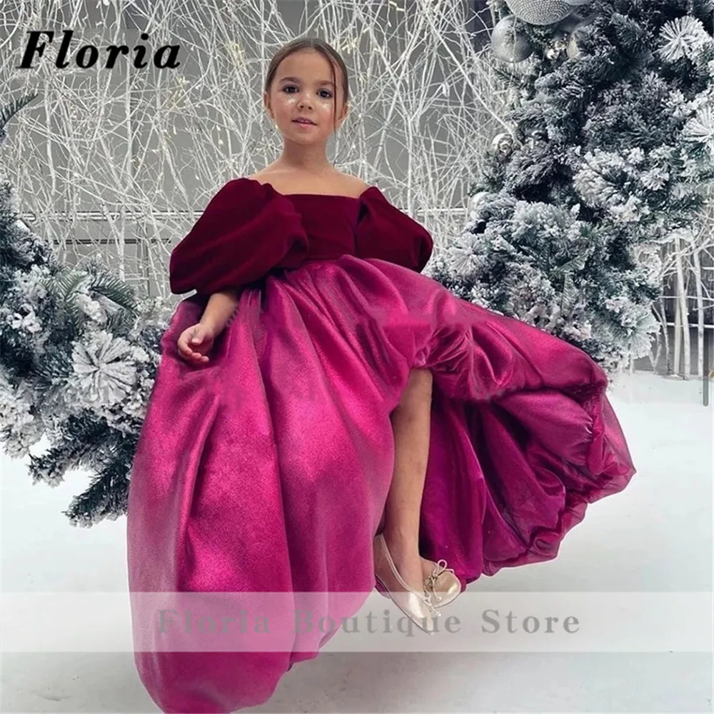 Floria 2022เจ้าหญิงดอกไม้สาวชุดงานแต่งงาน Velour พัฟแขน Robe De Marrige สูงต่ำพิเศษจัดเลี้ยงสวมใส่