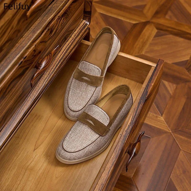 Retro Linen Loafers Men's Spring Autumn New Genuine Leather Patchwork Penny Shoes Commute Casual Slip-On Low Cut Single Shoes
