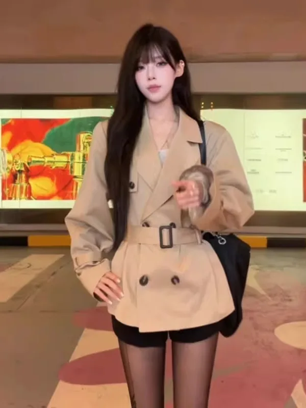 

Американское ретро-пальто двубортное цвета хаки, корейский стиль, маленький размер, ветровка, зимняя женская модная верхняя одежда