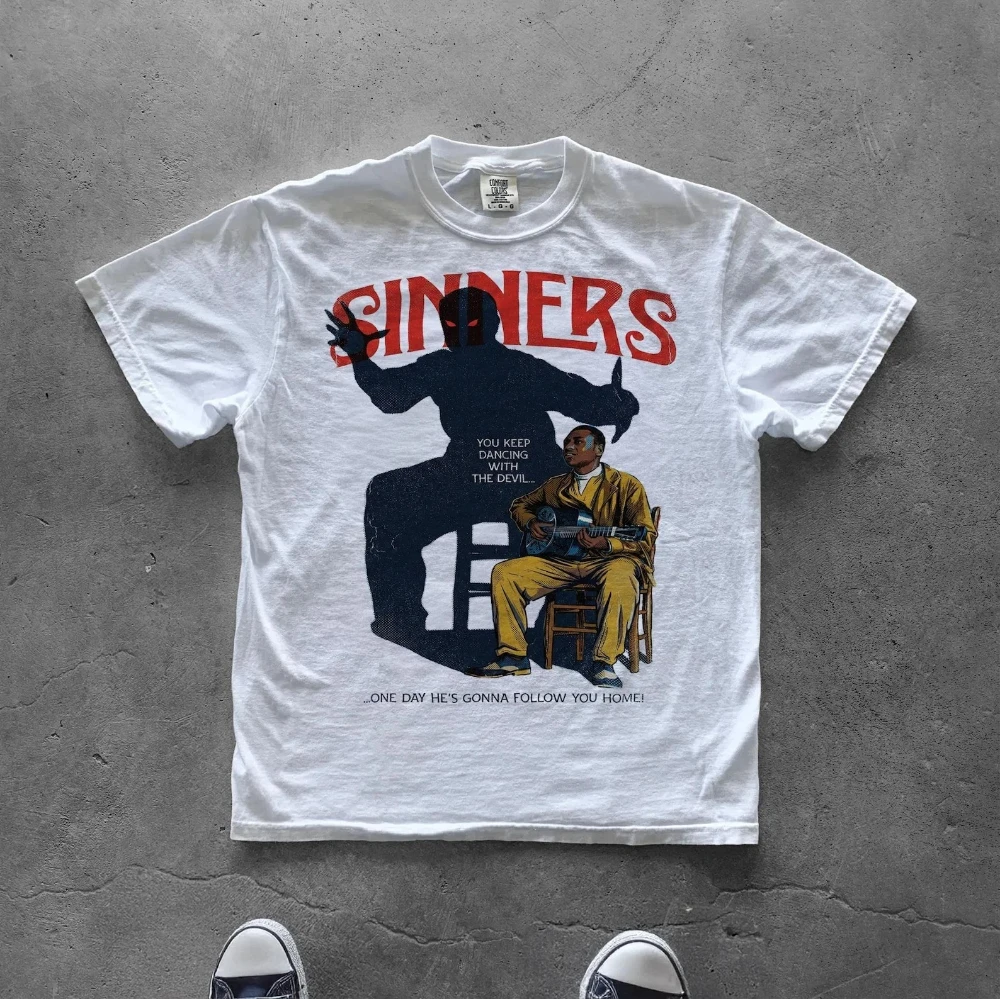 Sinners Movie Graphic Tee Horror Film Shirt Vintage Scary Movie Gift Tee Graphic Short Sleeve Women T-shirts for Unisex