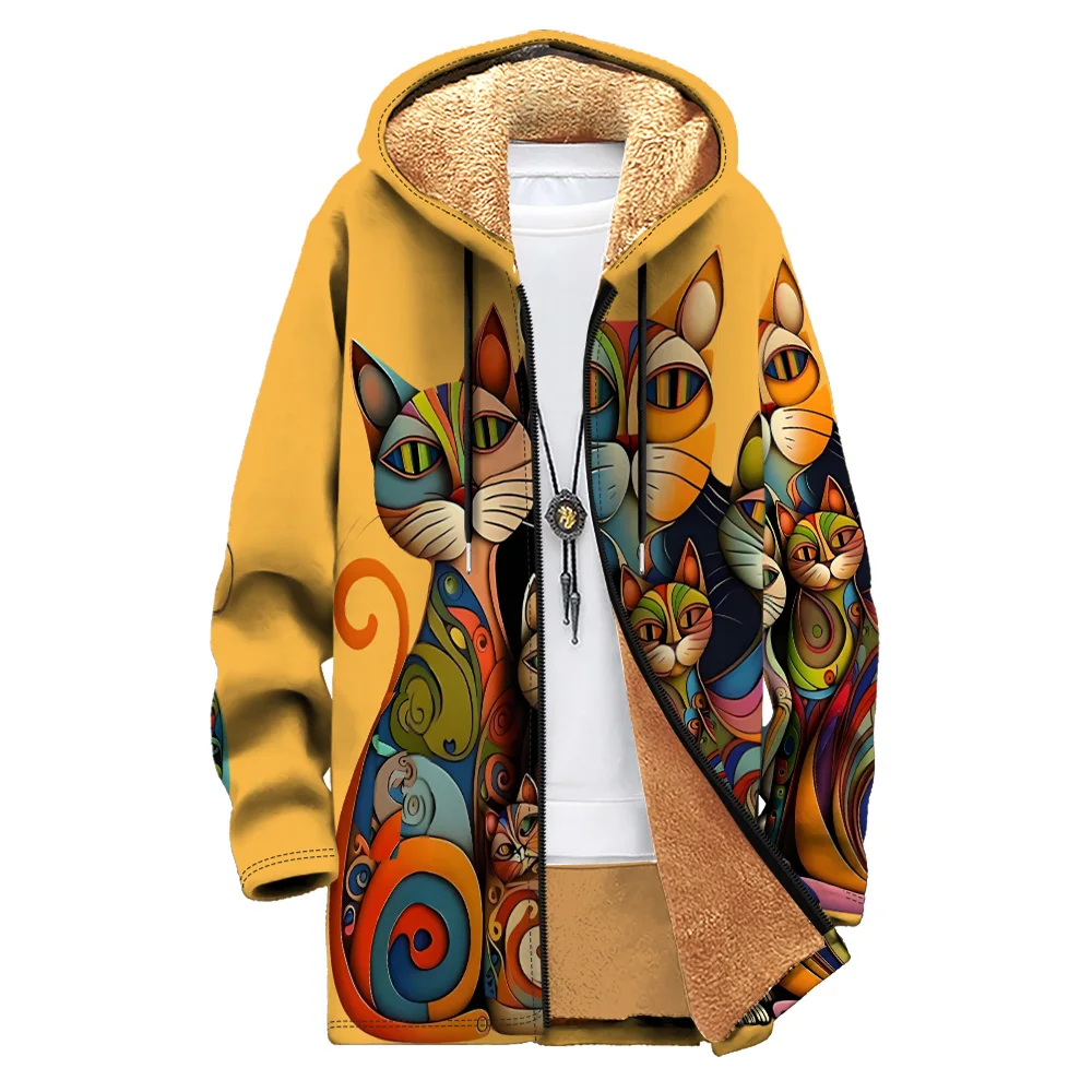 Ropa de invierno para hombre, abrigos de plumón, diseño de patrón de gato abstracto, chaqueta acolchada de algodón, cremallera de bolsillo con estampado de plumas, nuevo