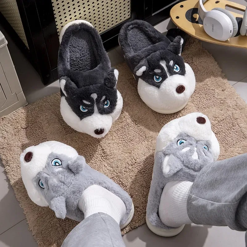 new Funny 3D Cartoon Husky Plush Slippers Winter Full Cover Foot Fuzzy Warm House Shoes Anti Slip Platform Couple Home Footwear