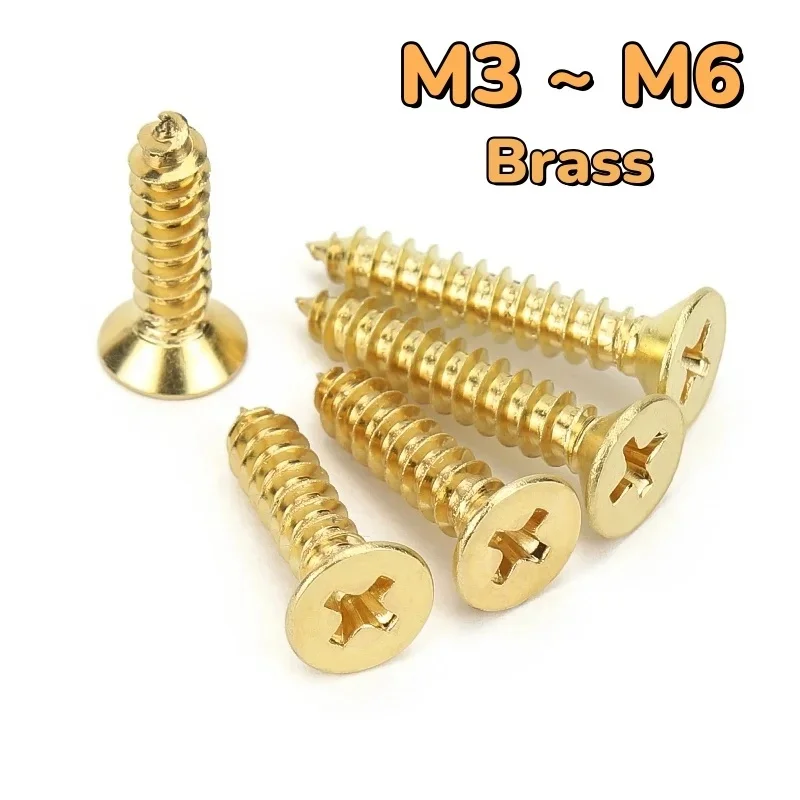 Brass Countersunk Self Tapping Wood Screws Phillips Cross Flat Head M3 M3.5 M4 M5 M6