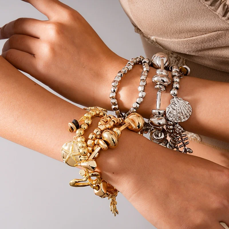 Bohemian Gold Sun Multi-layered Bracelet Set Chunky Beaded Chain Charm Bracelets for Women Party Vacation