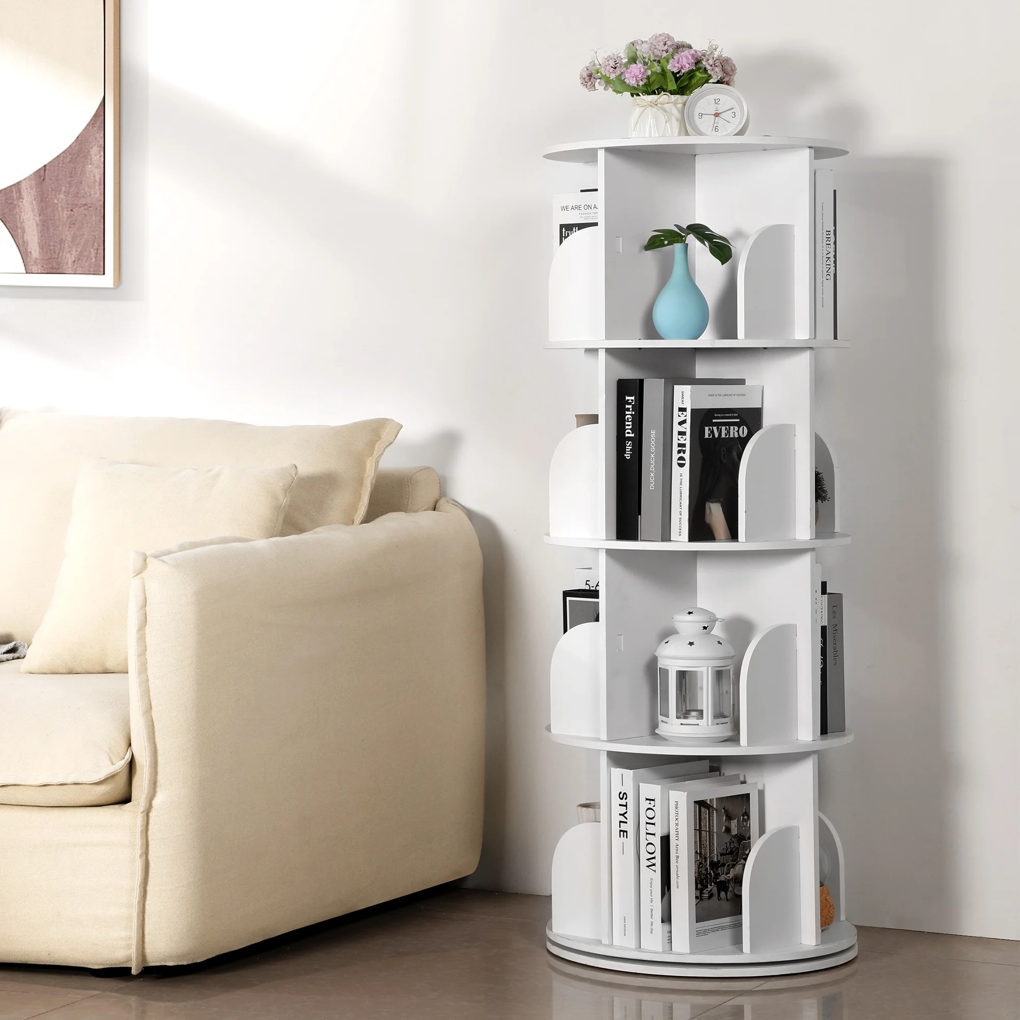 

Rotating Bookshelf Tower 4 Tiers 360 Rotating Corner Book Shelf for Small Space Bedroom Living Room PVC Rotating Bookshelf Tower