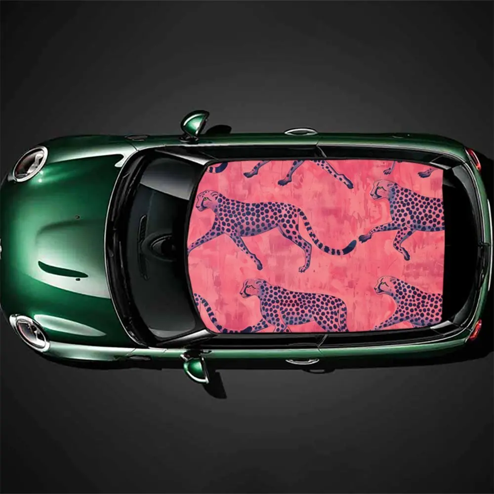Rose red cheetah car roof sticker, add wild charm to your car; car vinyl wraps, car roof vinyl sticker, show unique charm