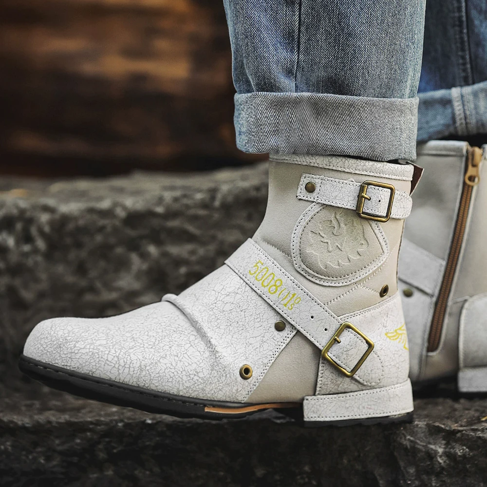 

New Men's boots Side zipper leather boots Metal pairing Motorcycle boots Western cowboy boots Rivet Retro Men's ankle boots Men