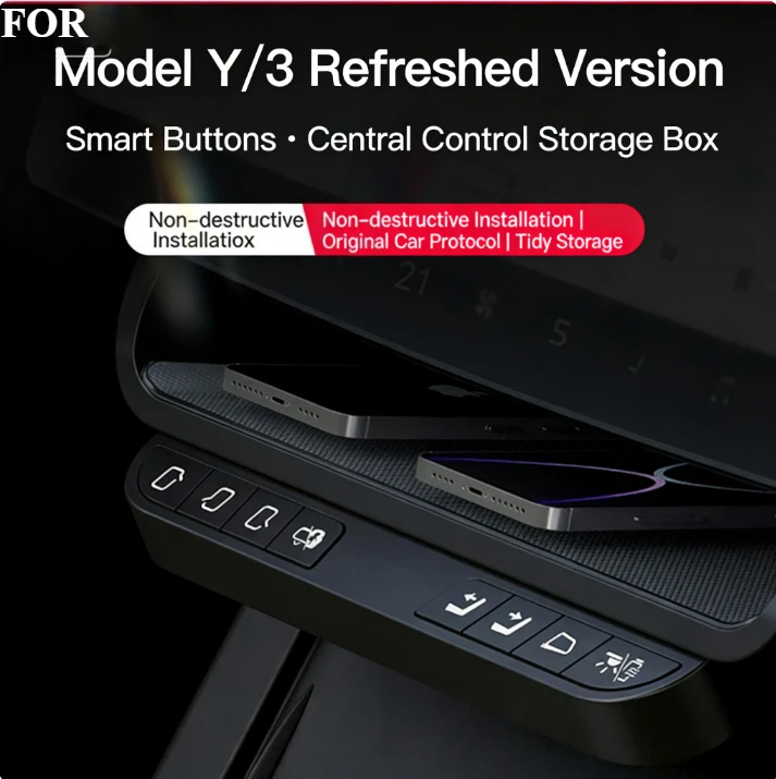 

Screen Under Storage Box with 8 Smart Physical Control Buttons for Tesla Model 3/Y Highland/Juniper, Central Console Organizer