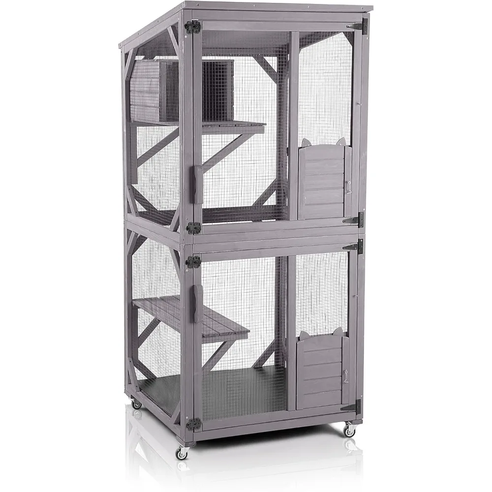 

Cat House Outdoor Cage Cat Enclosure on Wheels,Large Wooden Kitty Catio with Resting Box ,PVC Layer