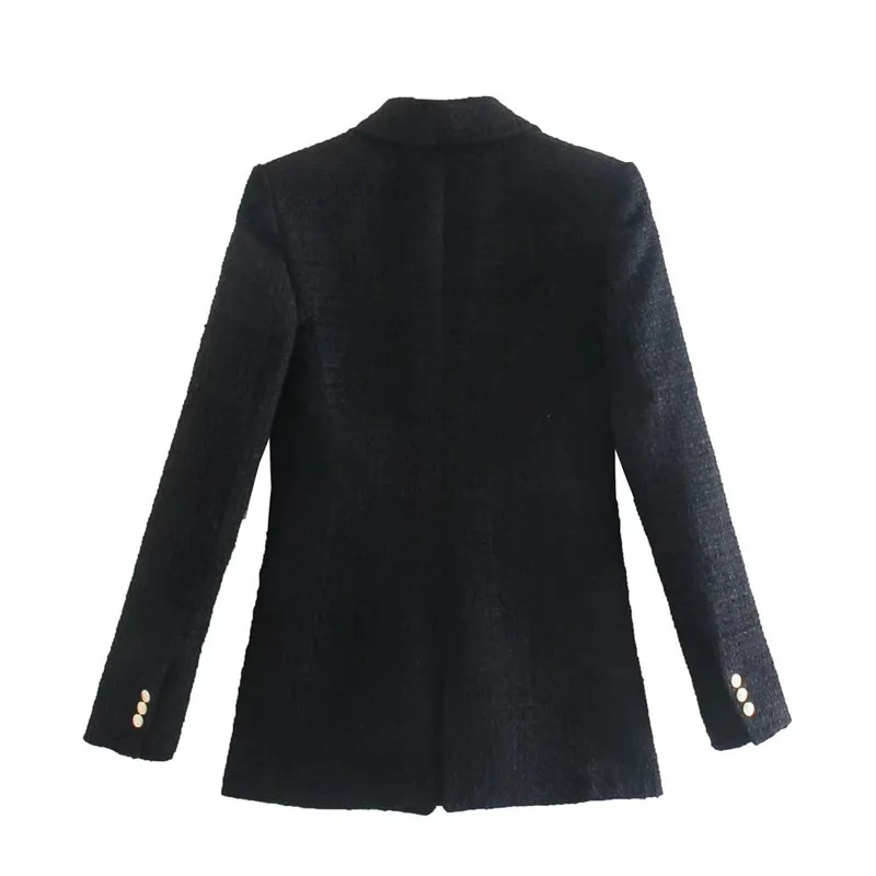 Black Textured Suit Jacket Women's Double Breasted  Autumn New Style Commute Style Regular Sleeve Long Straight Cut