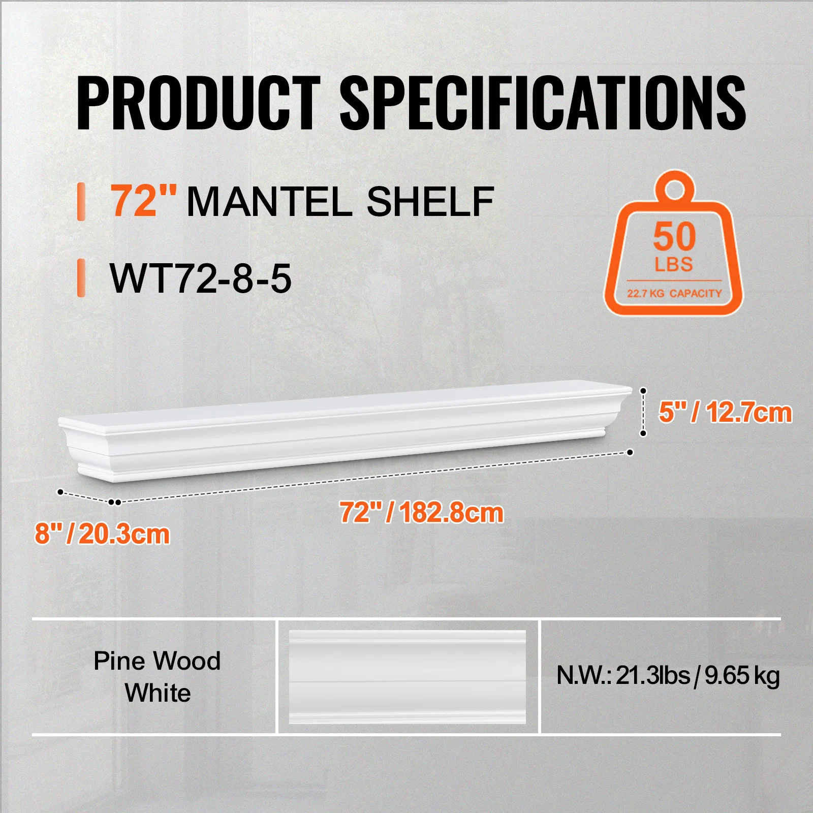 VEVOR schoorsteenmantel 72 "x 8" x 5 "50 lbs natuurlijke houten schoorsteenmantel voor boven open haard muur handgemaakt hout voor wanddecoratie wit